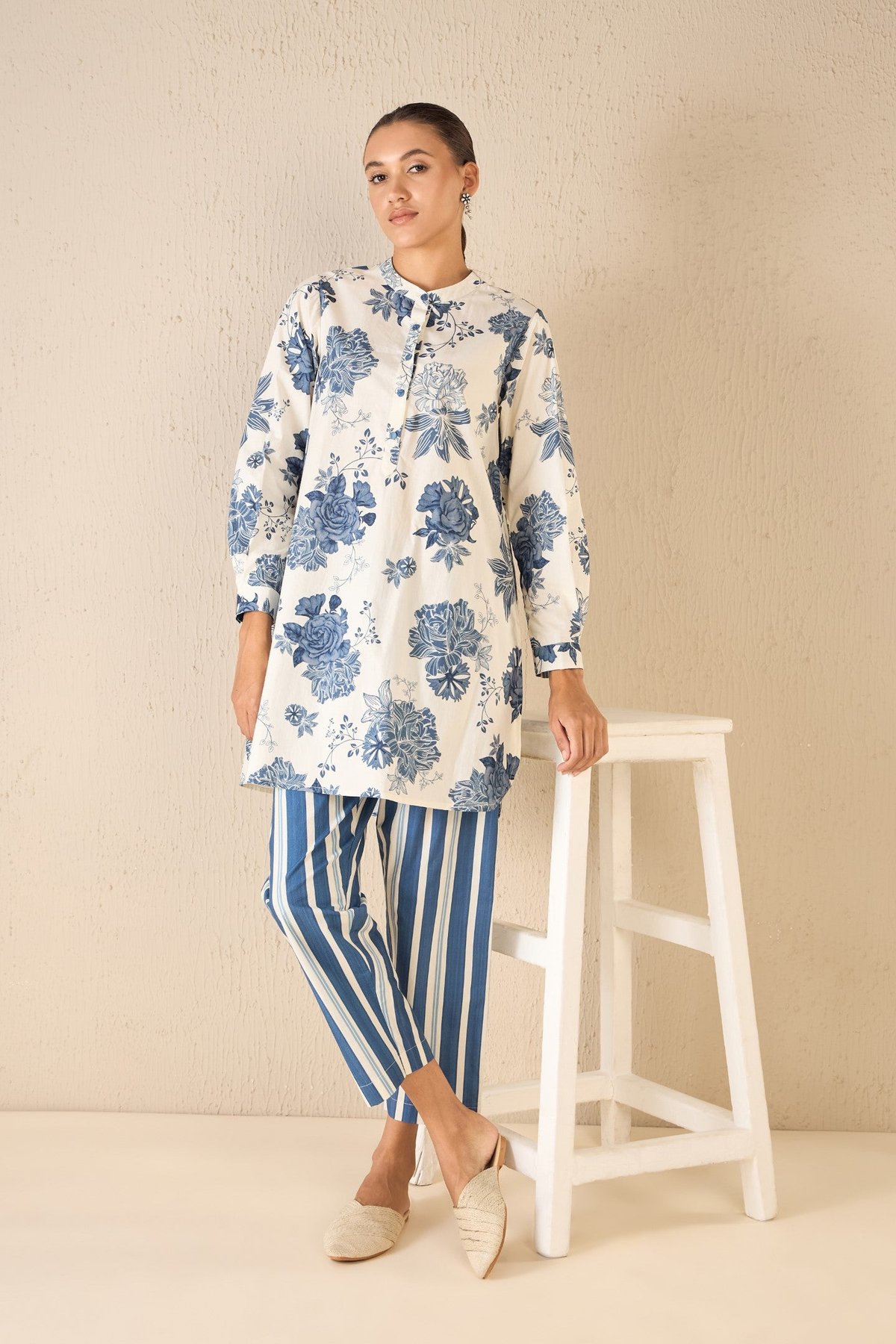 Floral Fantasy: Blue Line Floral Tunic Co-Ord Set