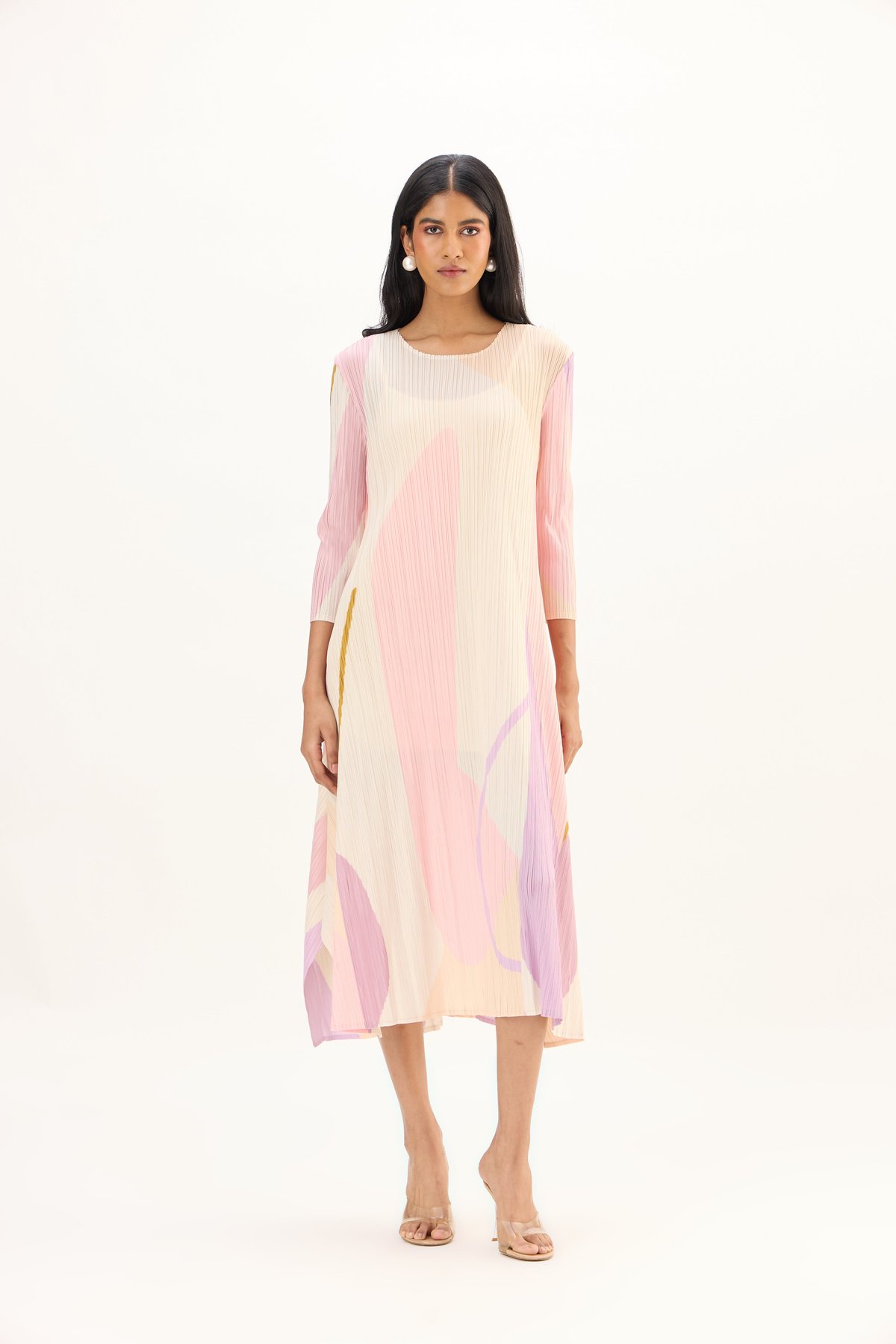 Pink Abstract Print Pleated A-Line Midi Dress