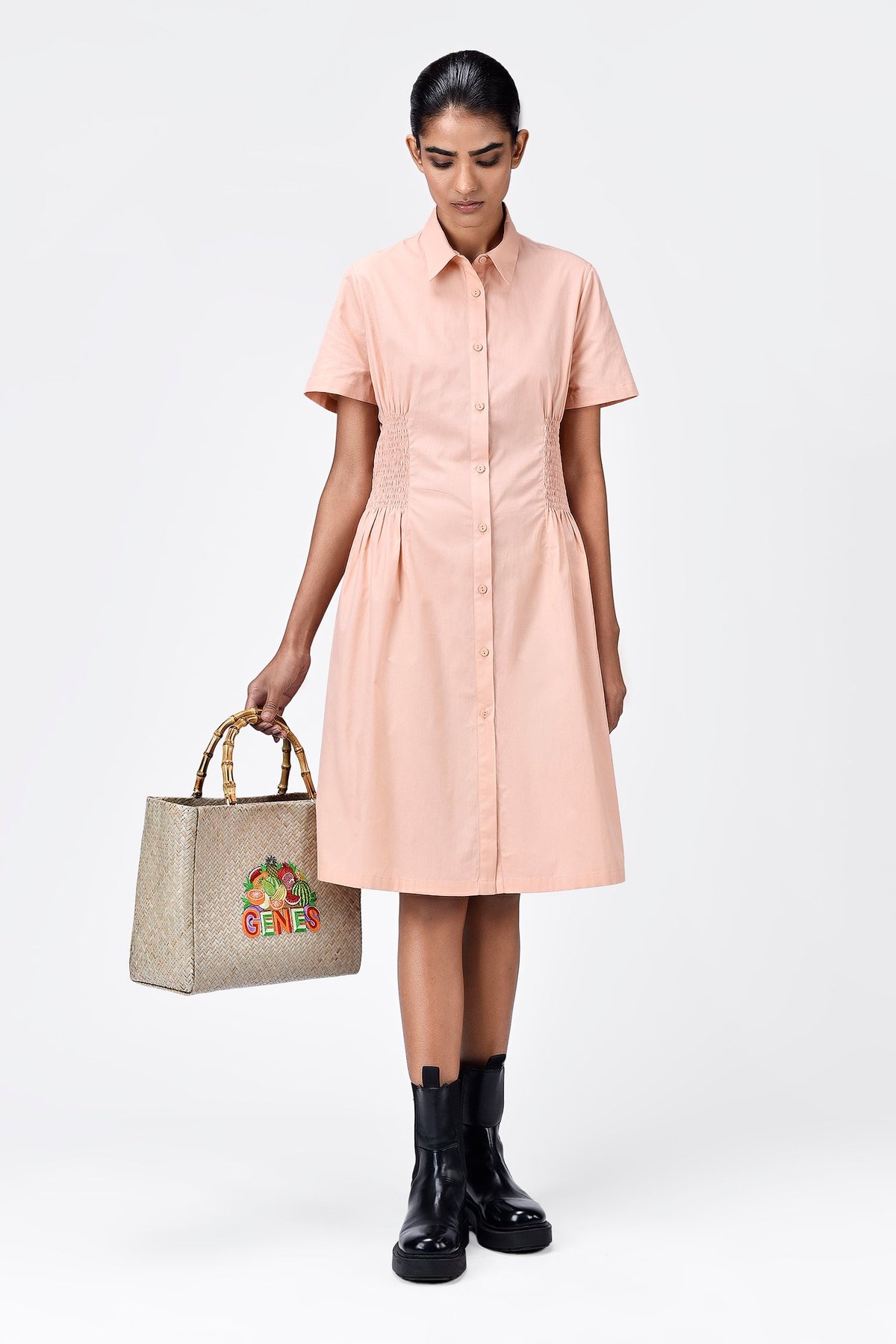 Light Peach Cotton Poplin Shirt Dress with Back Cutout