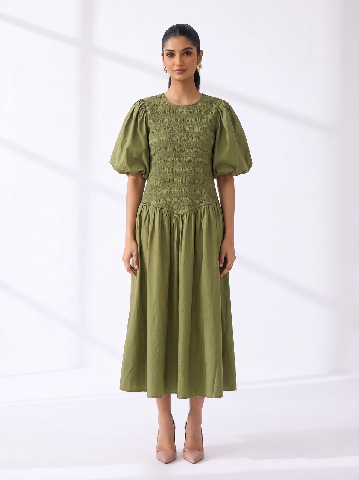 Olive Smocked Bodice Puff Sleeve Midi Dress