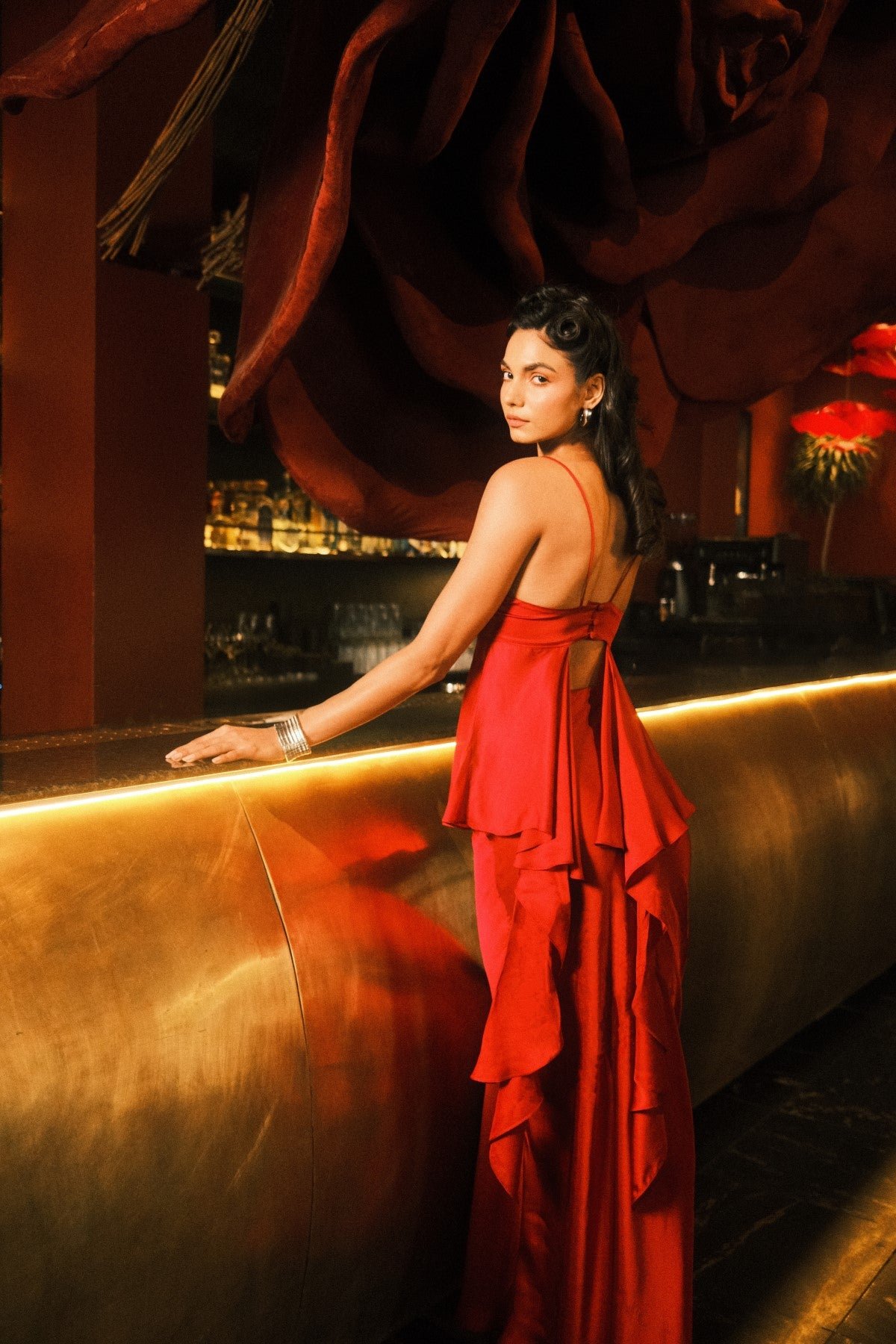 Red Viscose Satin Strappy Peplum Top with Open Back