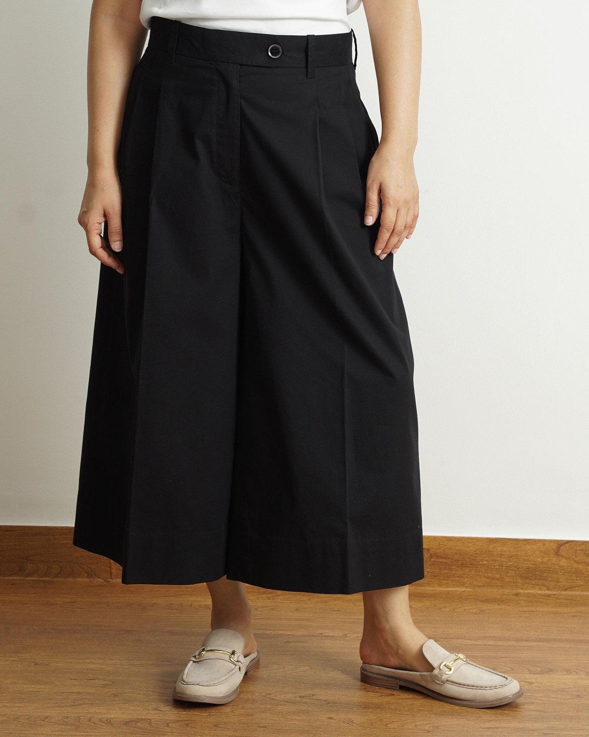 Black Cotton Tailored Wide-Leg Culottes