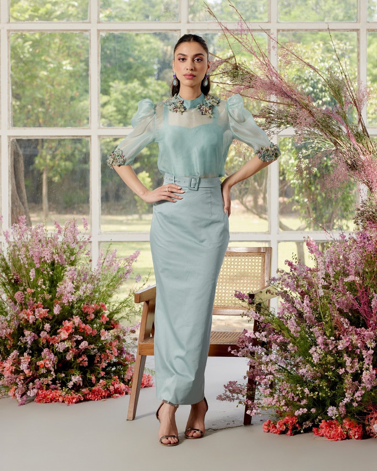 Blue Organza Top and Pencil Maxi Skirt Co-ord Set
