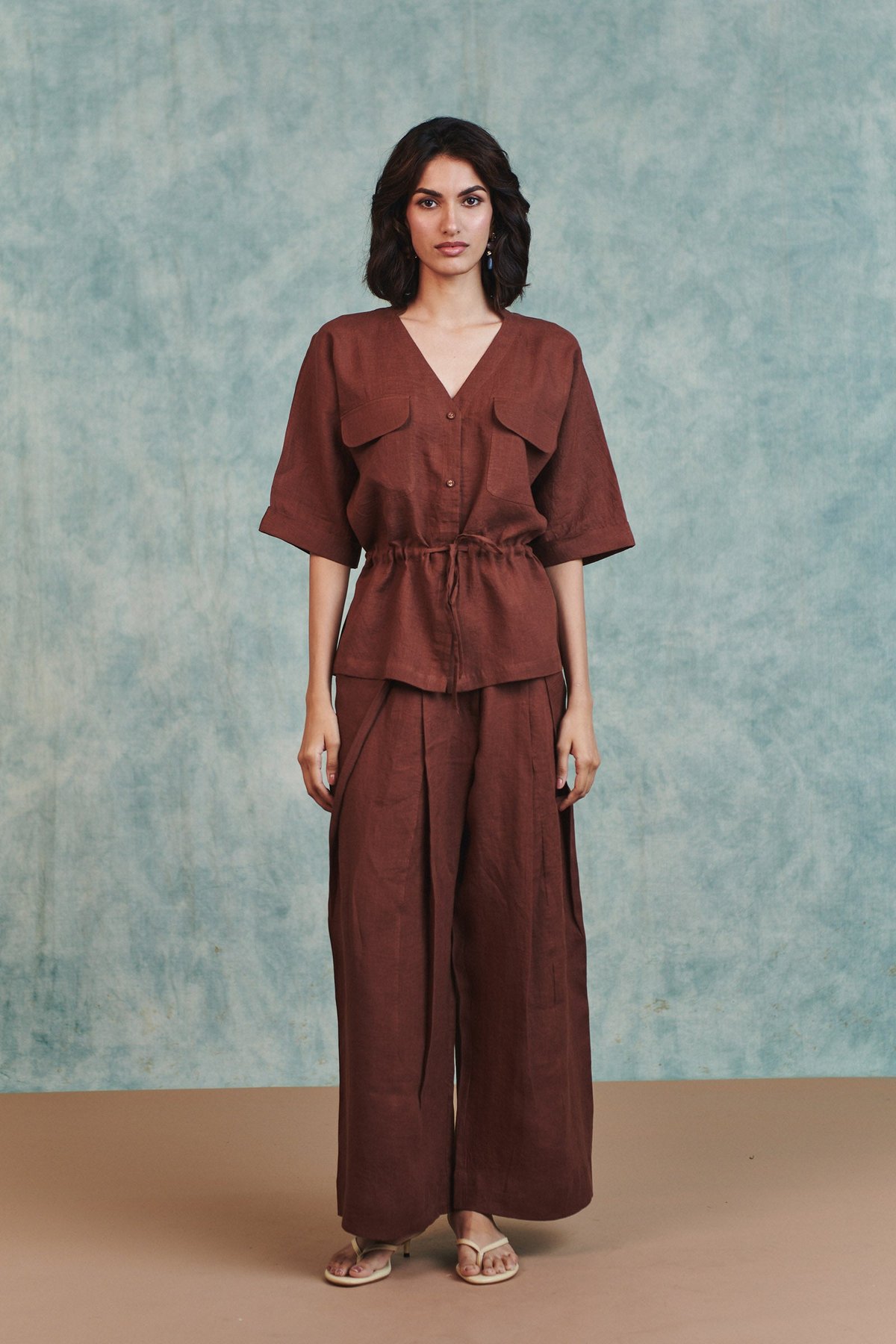 Linen Drawstring Shirt & Pleated Tuck Pants Set