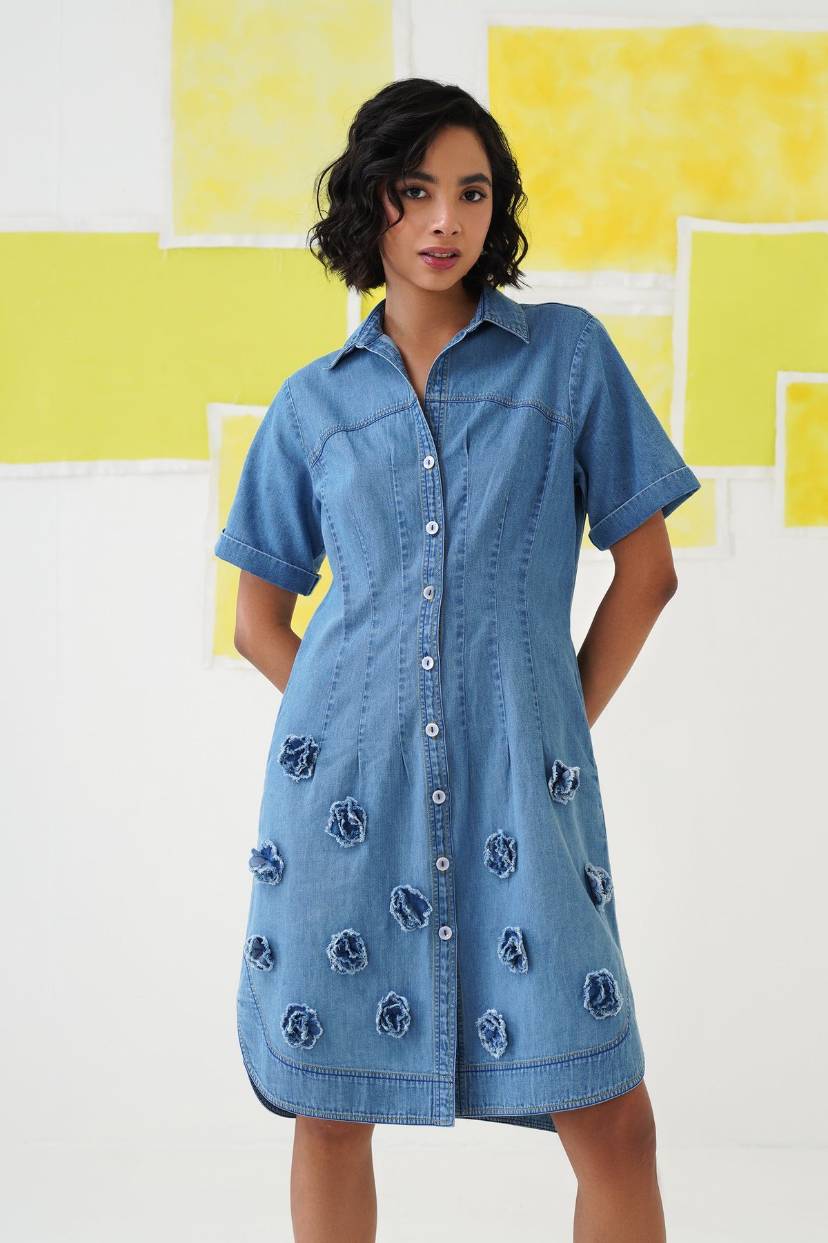 Blue Denim Button-Down Midi Shirt Dress with Applique
