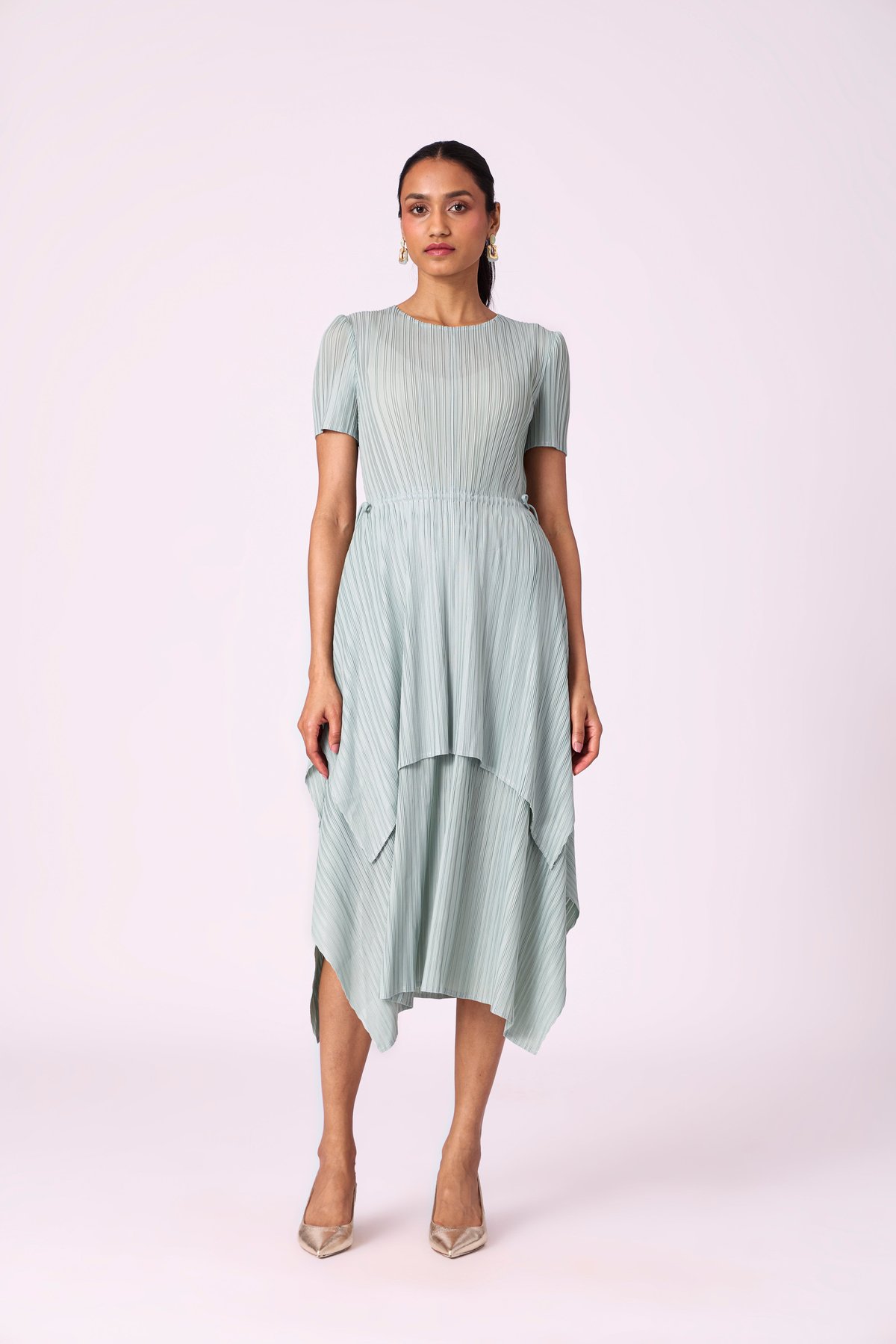 Sage Mint Pleated A-Line Midi Dress with Tie Waist