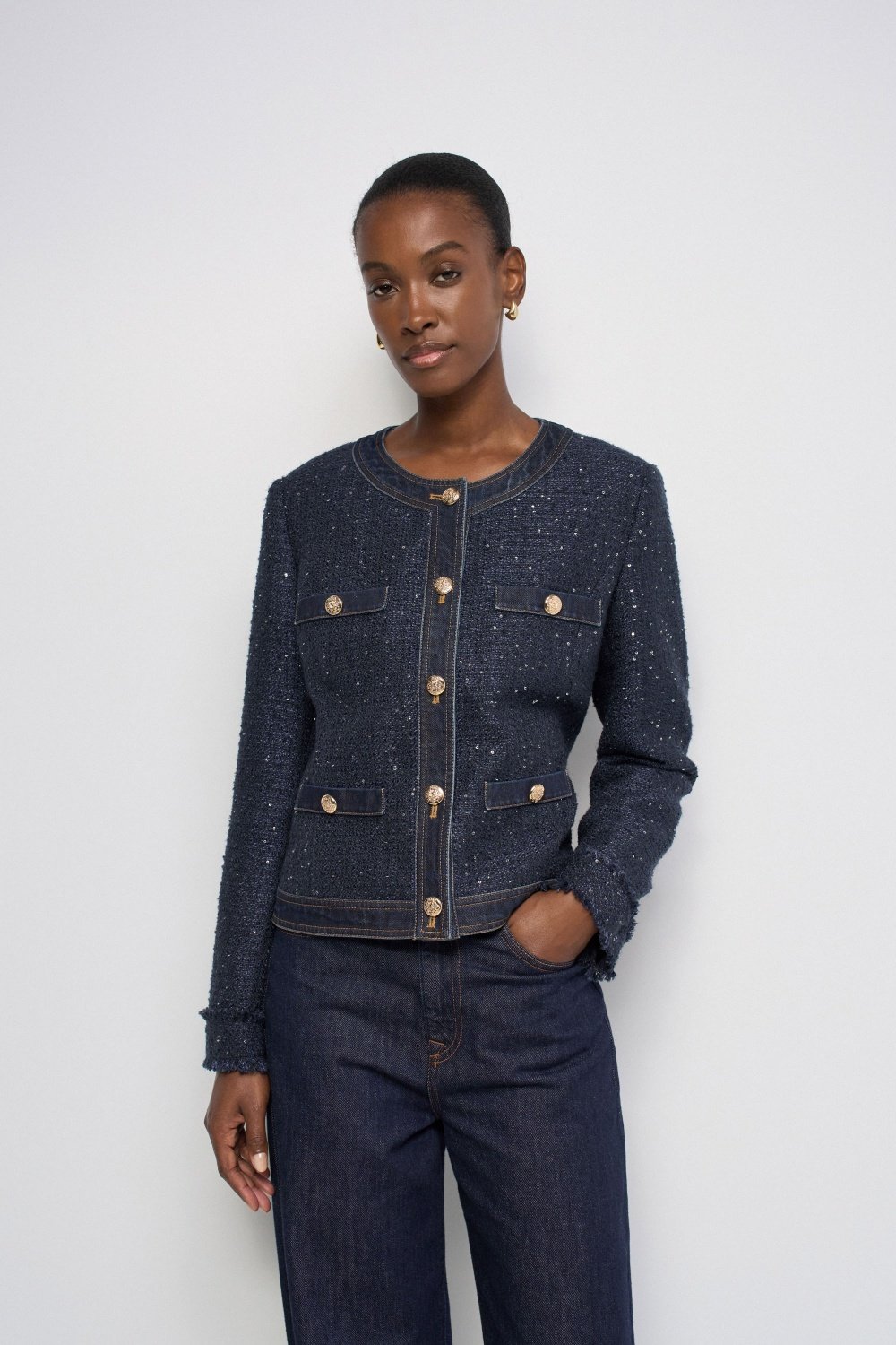 Chanel-Style Tweed Jacket W/Denim Accent