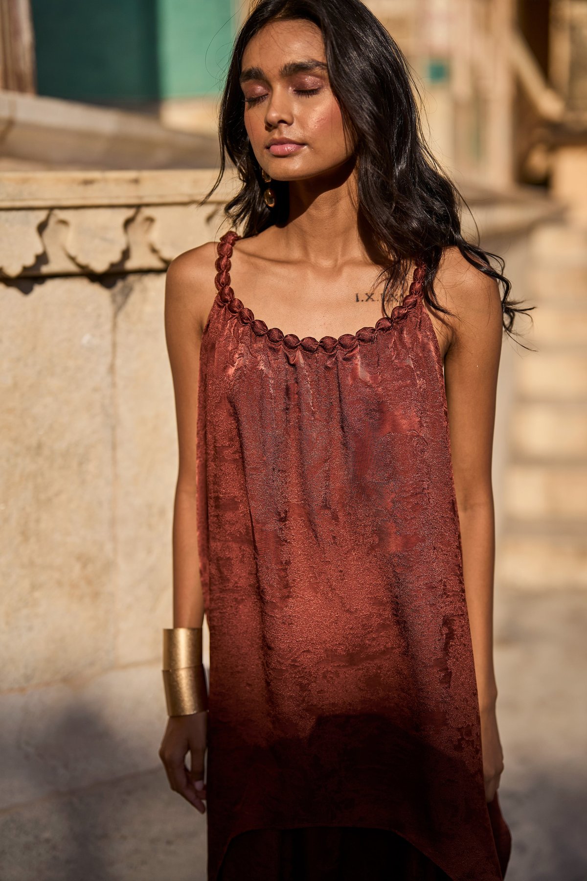 Brown Textured Jacquard Draped Top with Beaded Straps