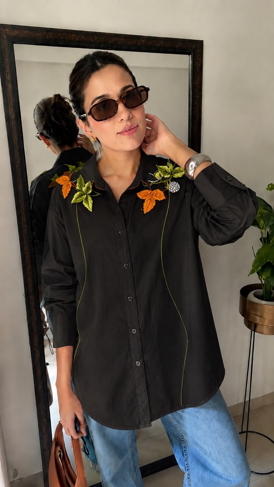 Botanical Applique Oversized Cotton Shirt