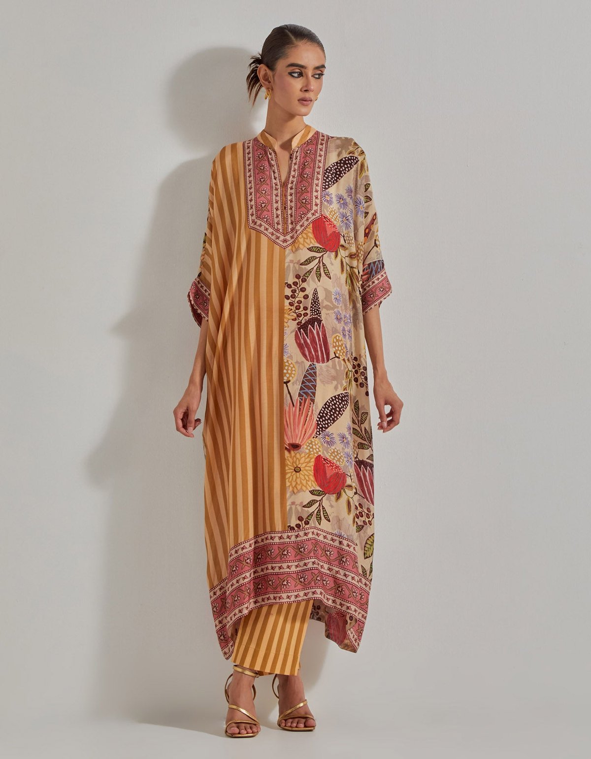 Beige Mixed-Print Straight Kurta Set with Striped Pants