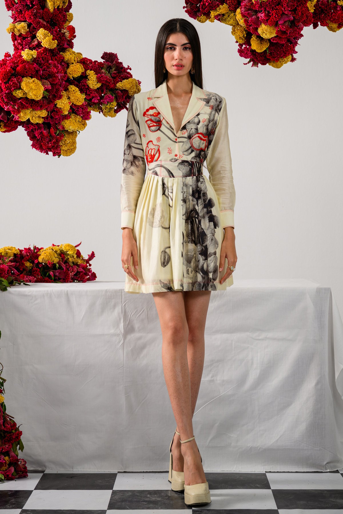 Off White Floral Print Mini Shirt Dress with Red Beadwork