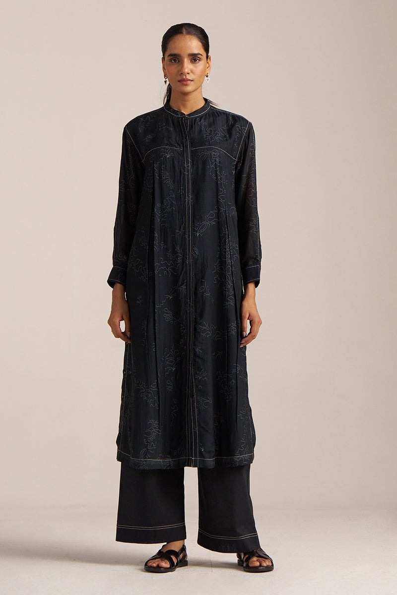 Black Tonal Print Kurta and Wide-Leg Pant Co-ord Set