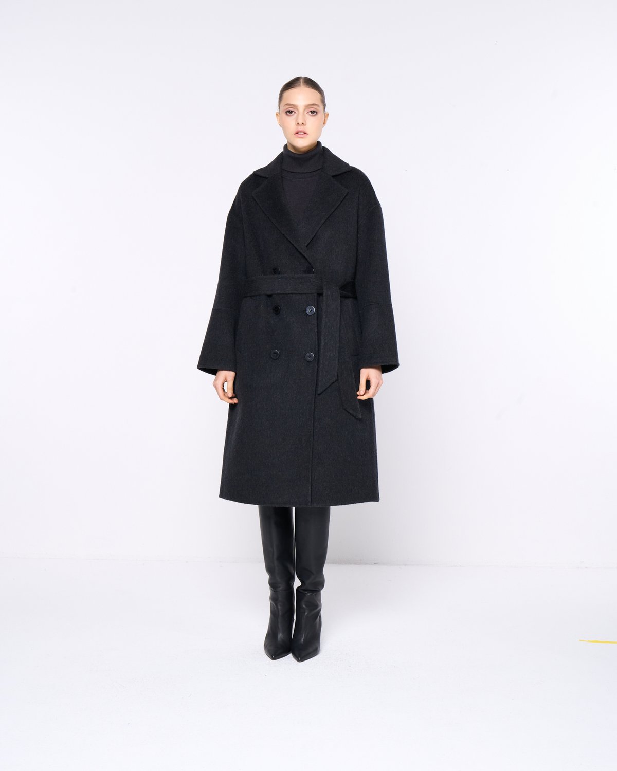 Charcoal Grey Double-Breasted Belted Long Coat