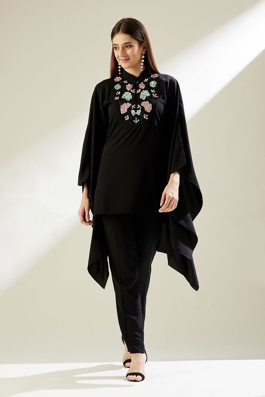 Black Embellished Kaftan Tunic and Pant Co-ord Set