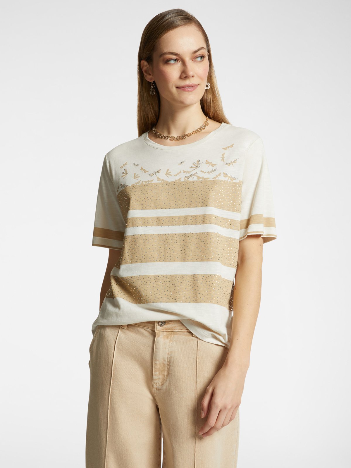 Beige Crew-Neck Striped T-Shirt with Subtle Embellishment