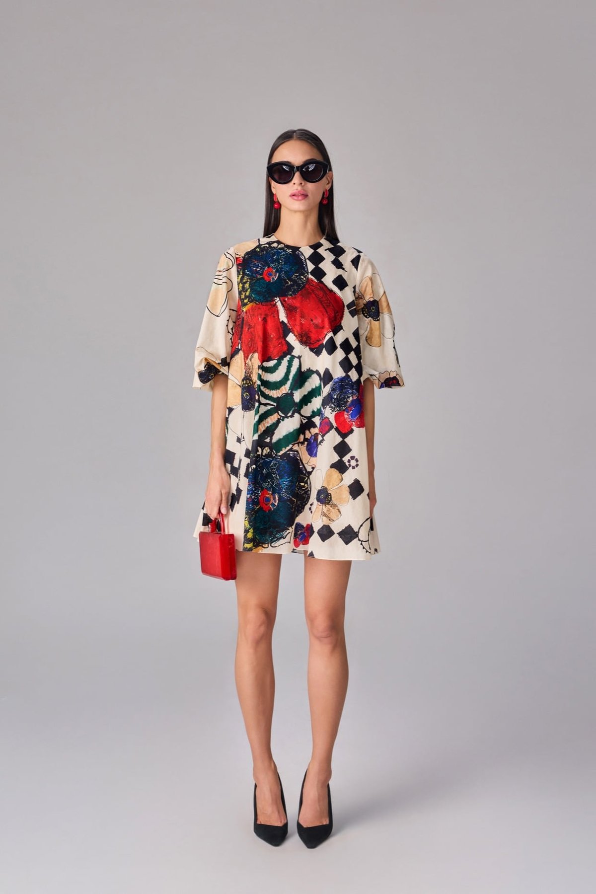 Multi Printed Shift Mini Dress with Bell Sleeves
