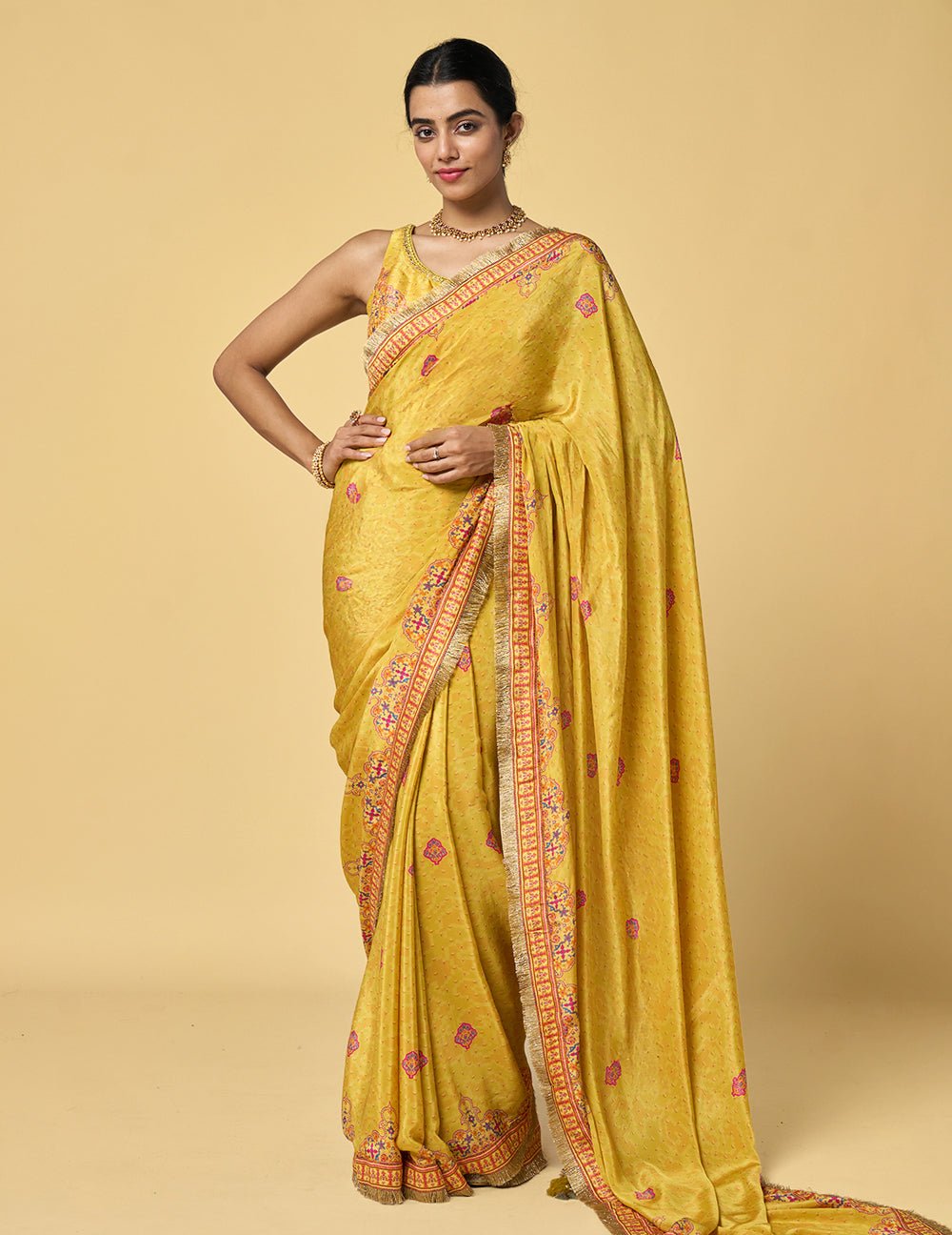 Yellow Printed Viscose Crepe Saree with Statement Border