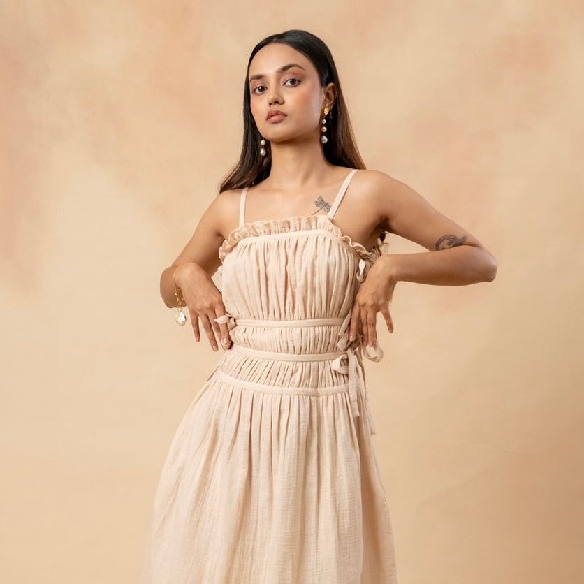 Beige Smocked Strappy Midi Dress with Side Ties