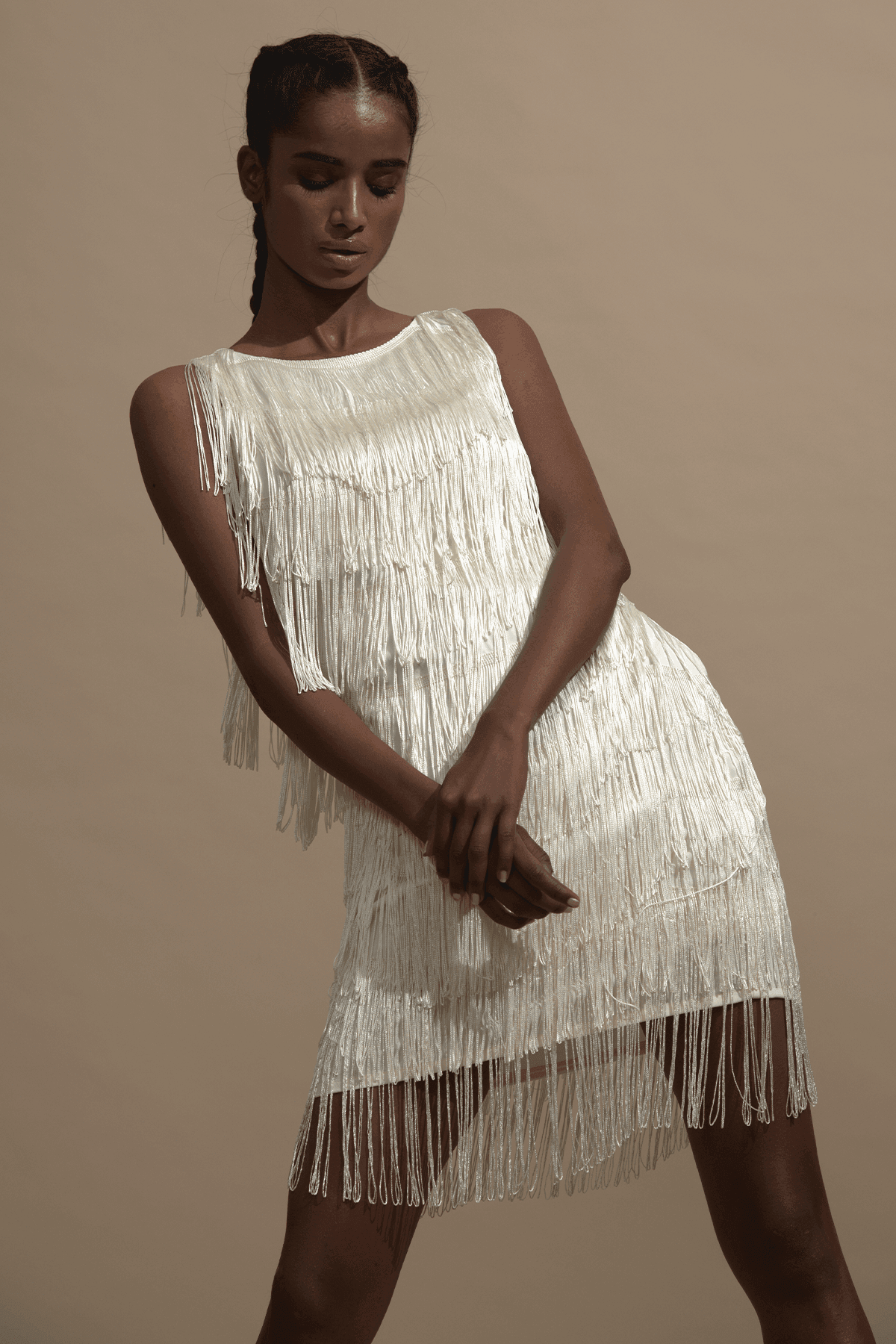 Ivory Layered Fringe Mini Dress with Scoop Back