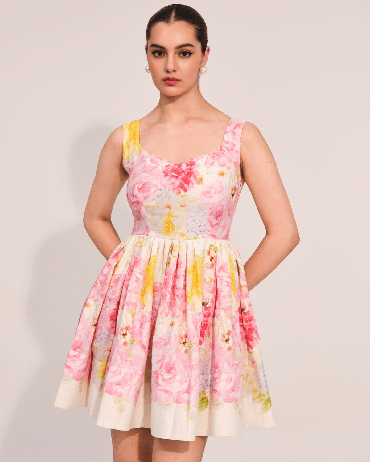 Apricot Floral Linen Fit and Flare Mini Dress