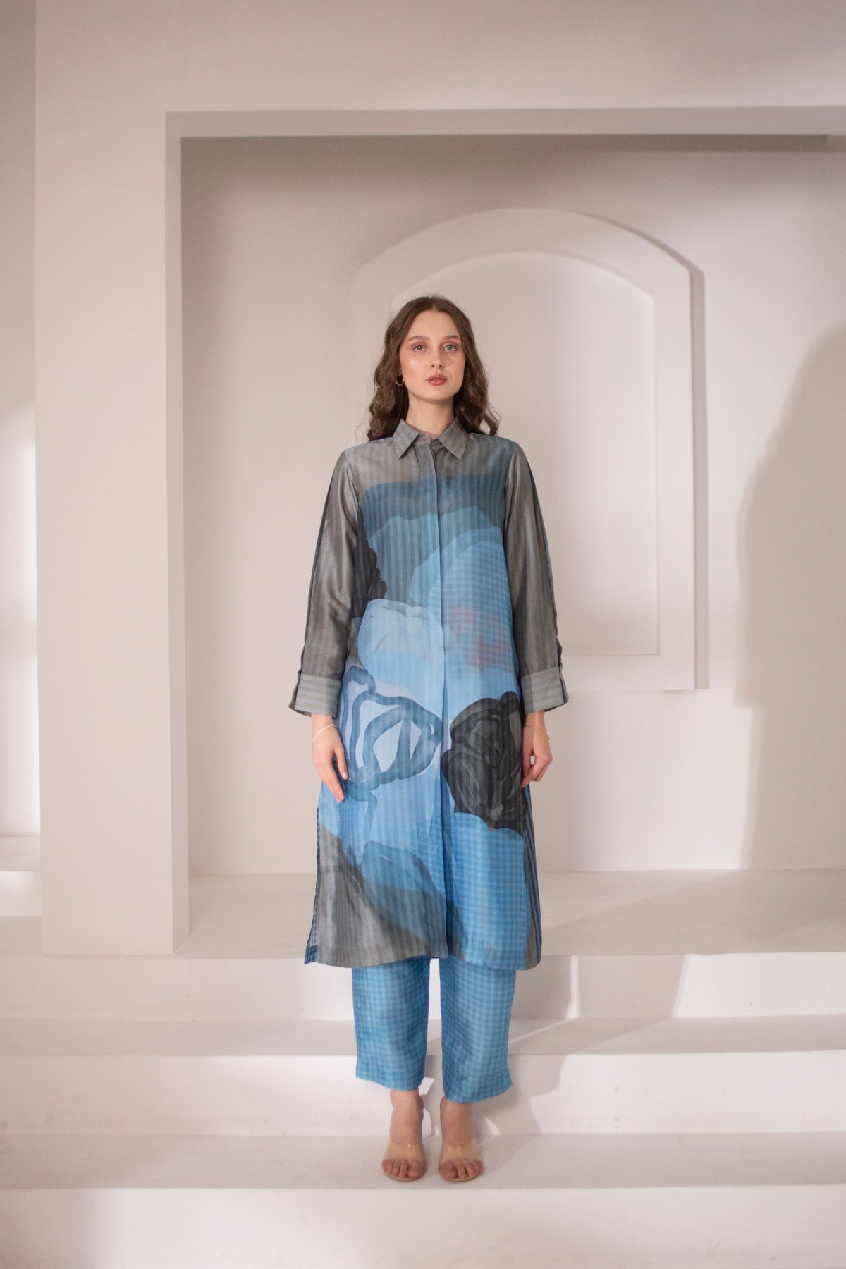 Blue & Grey Long Straight Kurta Set