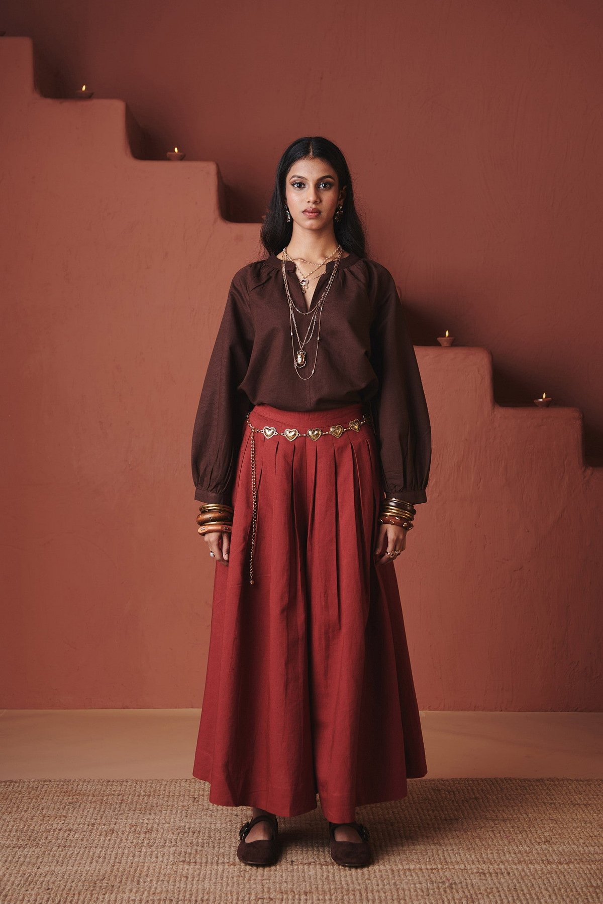 Brick Red High-Waist Multi-Pleated Wide-Leg Trousers