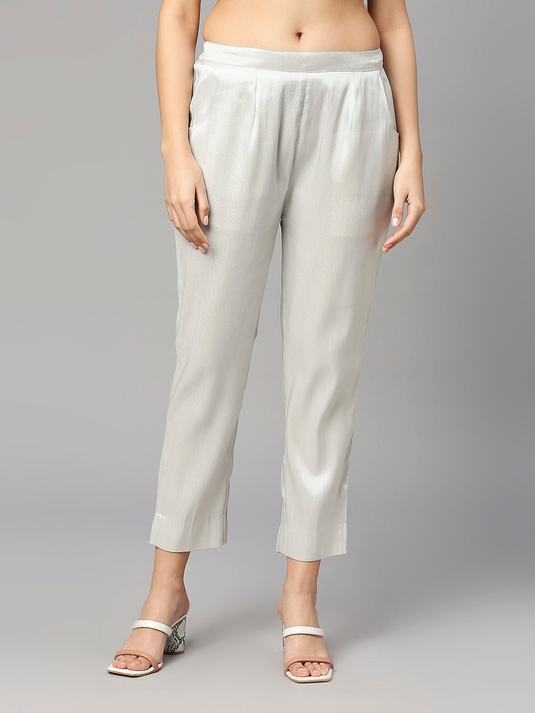 White Silver Metallic Brocade Tapered Trousers