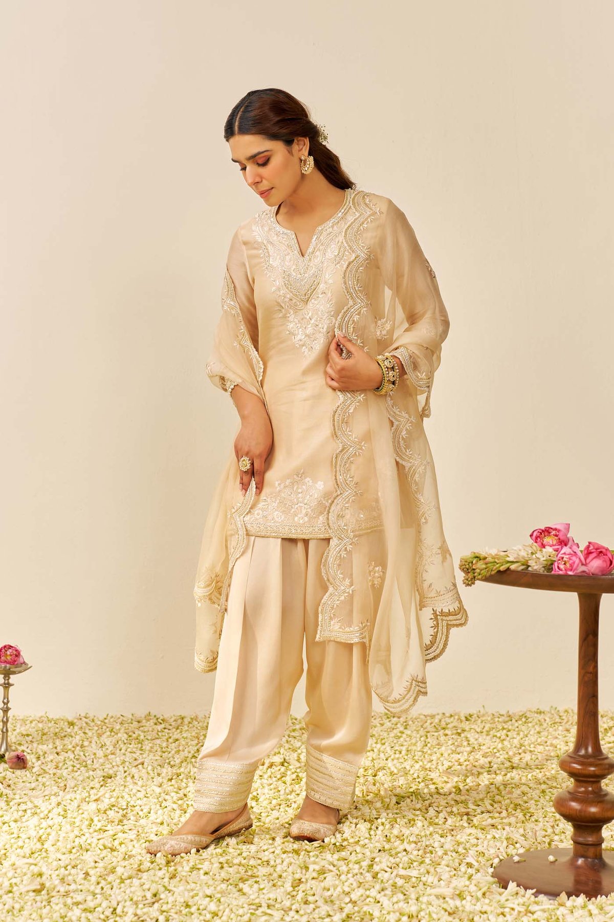 Beige A-Line Embroidered Kurta Set with Salwar