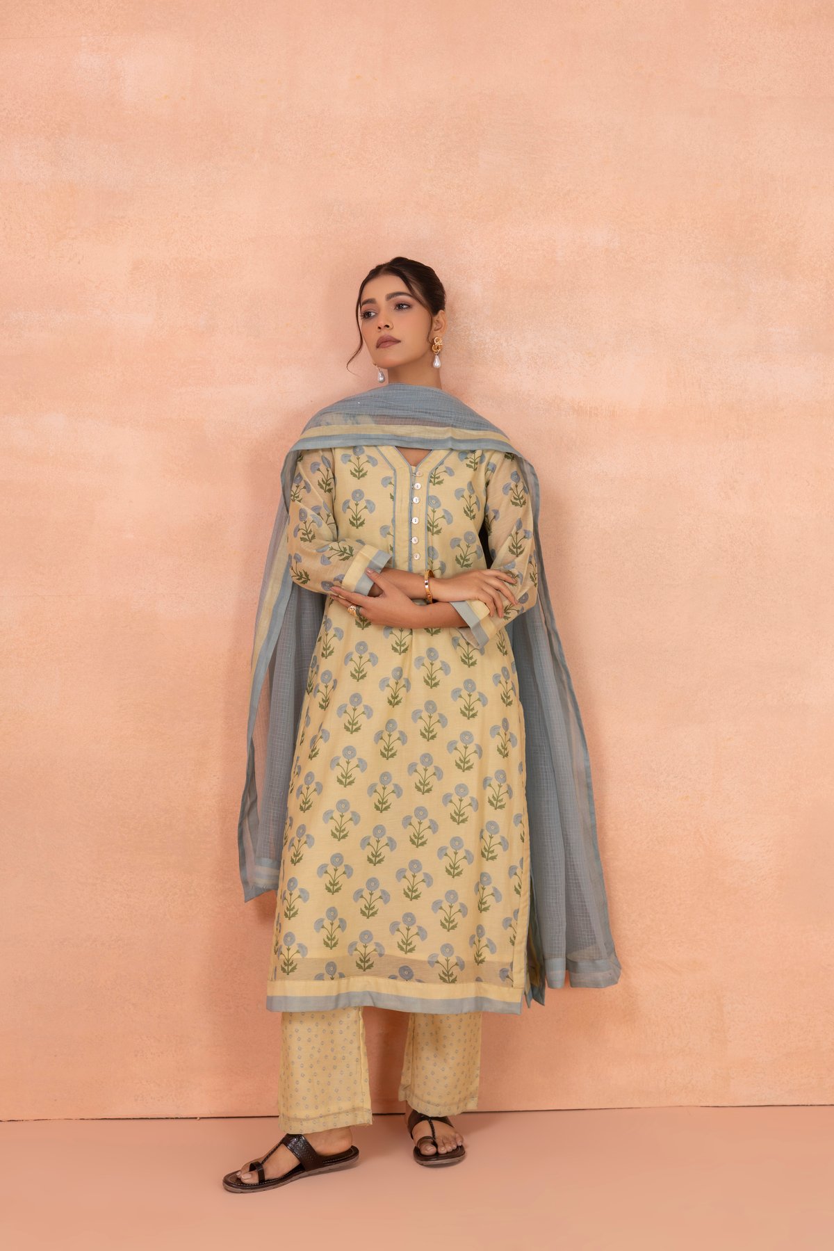 Yellow Floral Printed Straight Kurta Set with Dupatta
