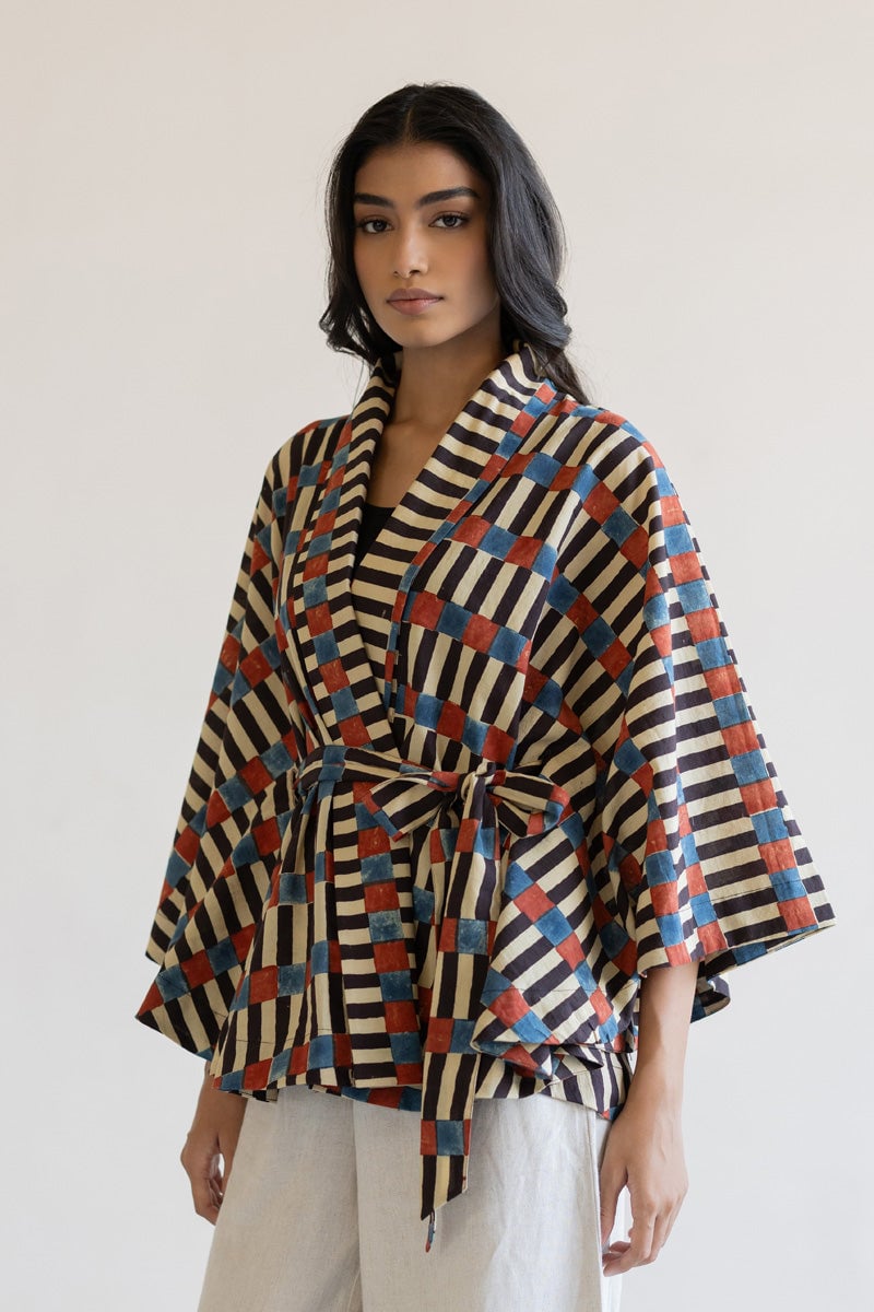 Multicolor Striped Kimono Overlay with Detachable Belt