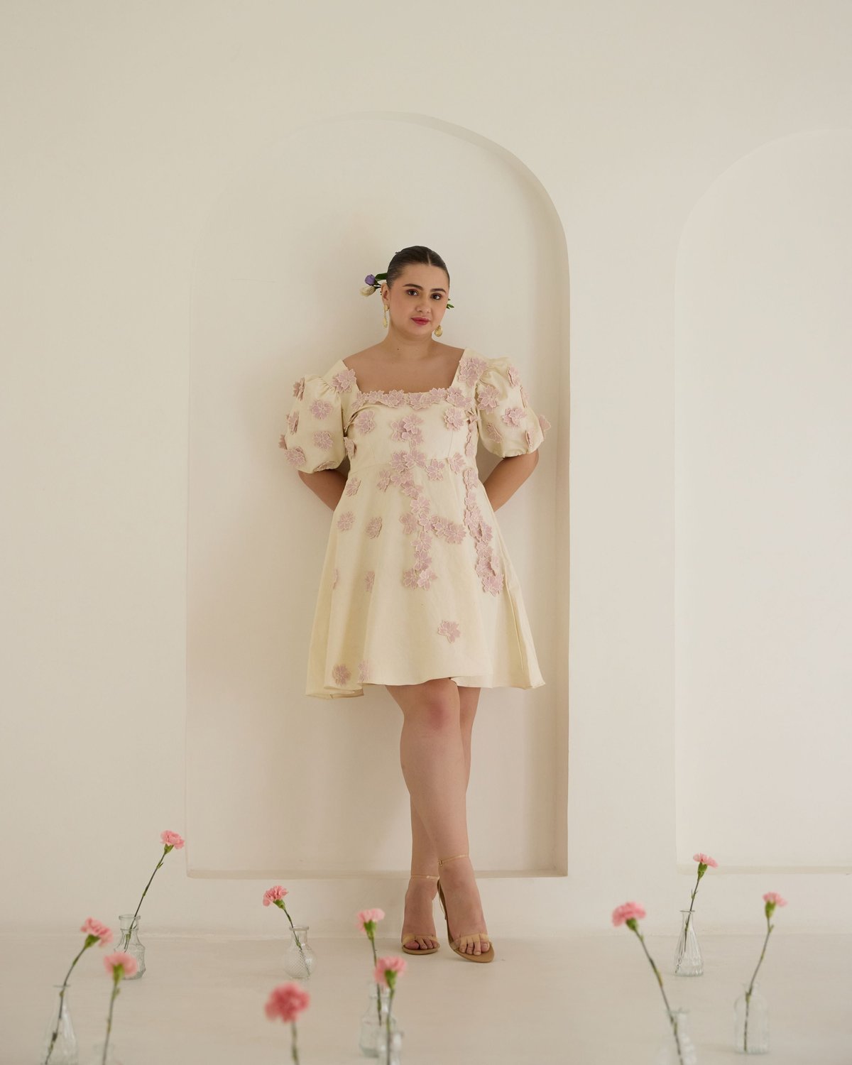 White/Lilac 3D Floral Applique Fit and Flare Mini Dress