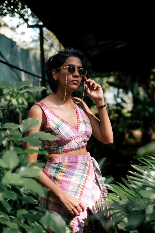 Multicolor Checked Cotton Bralette Crop Top with Tie-Back