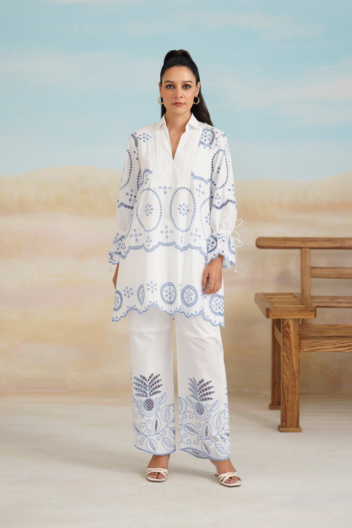 White Poplin Cotton Embroidered Co-ord Set