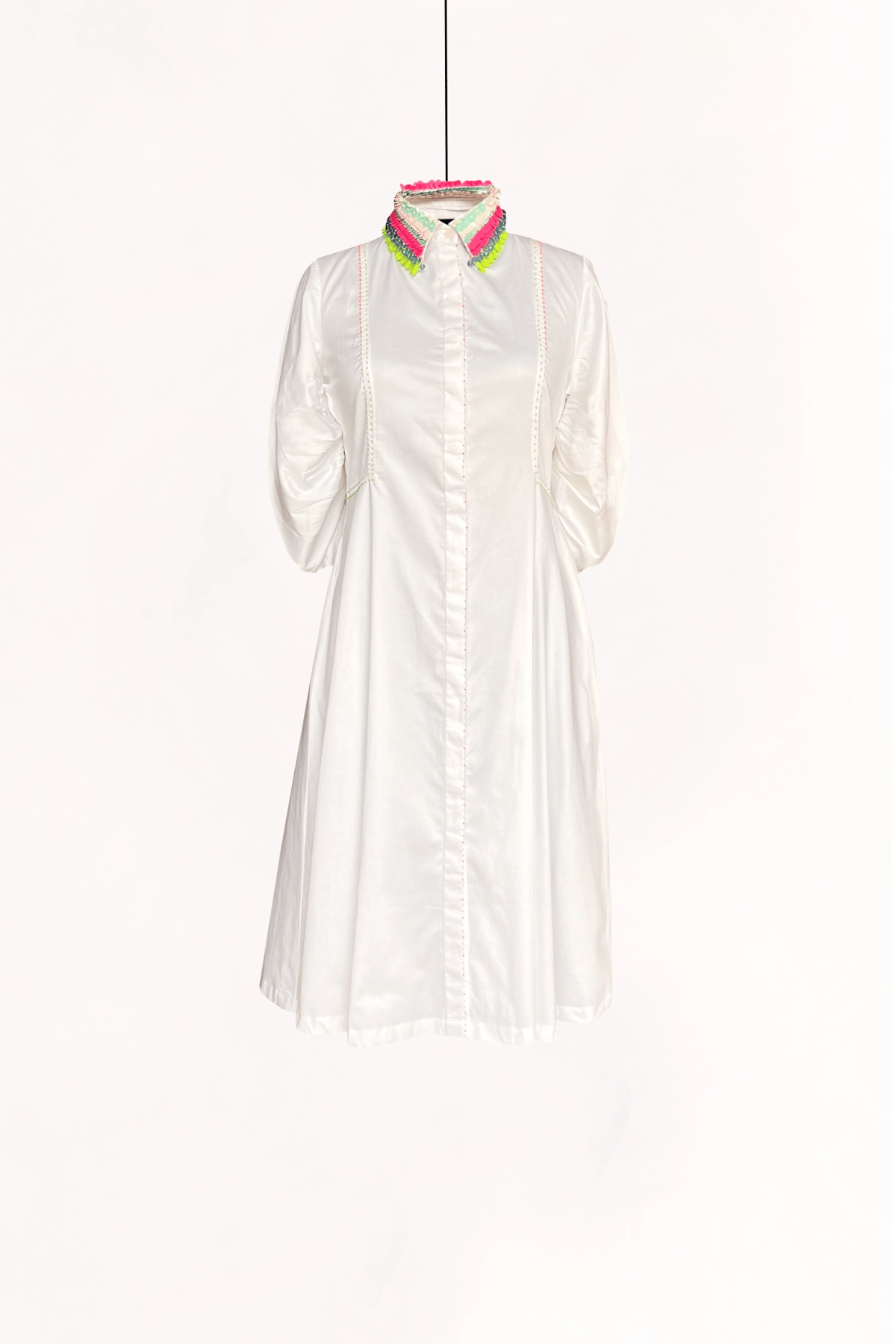 White Button-Down Midi Shirt Dress with Embellished Collar