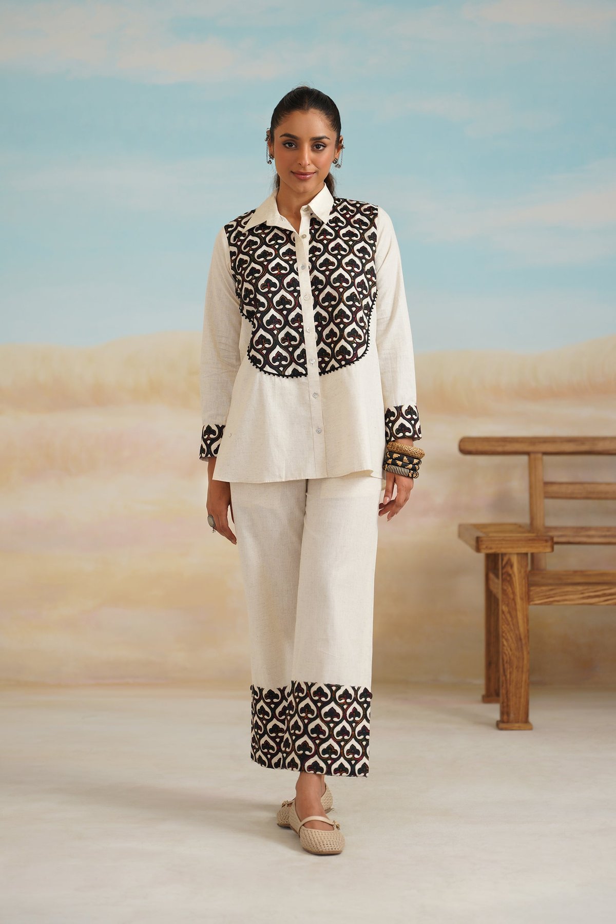 Cream Embroidered Shirt and Pants Co-ord Set