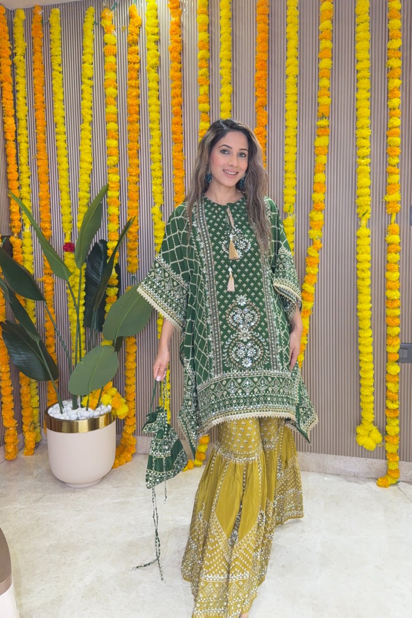 Green Kaftan and Mustard Gharara Co-ord Set