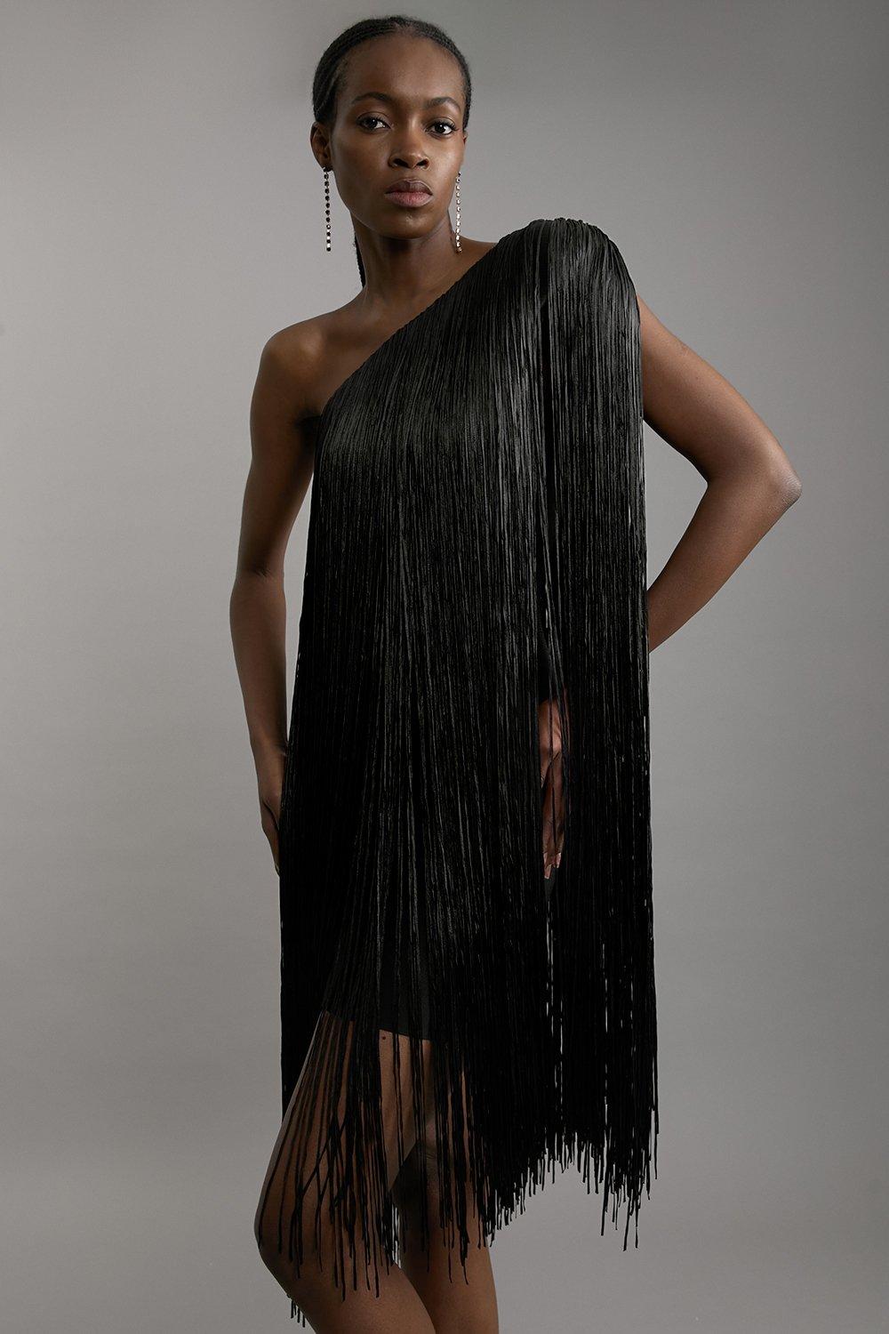 Figure Form Bandage One Shoulder Fringe Mini Knit Dress