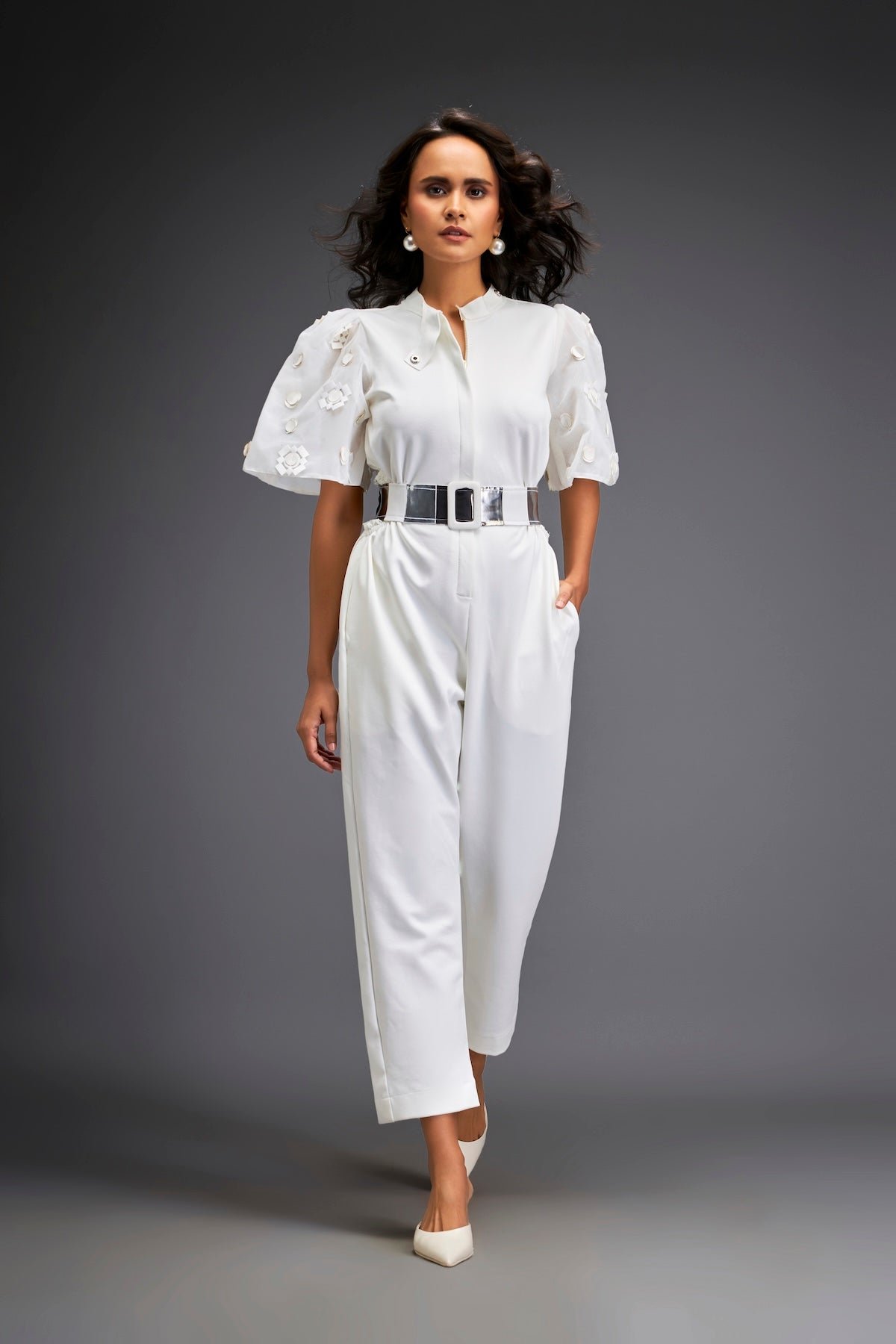 White Ponte Roma Jumpsuit with Metallic Belt and Embellished Sleeves