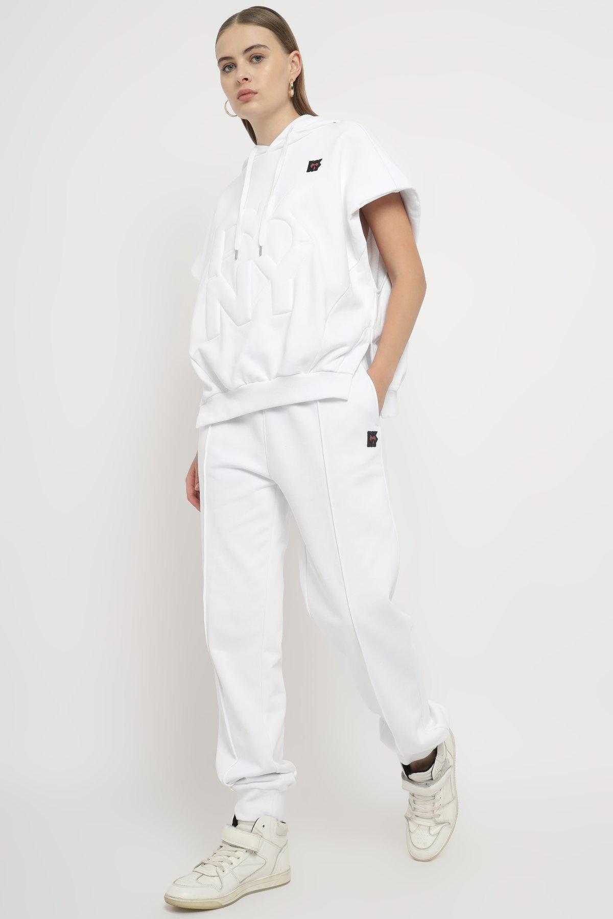 White Sleeveless Hoodie Sweatshirt with Tonal Monogram