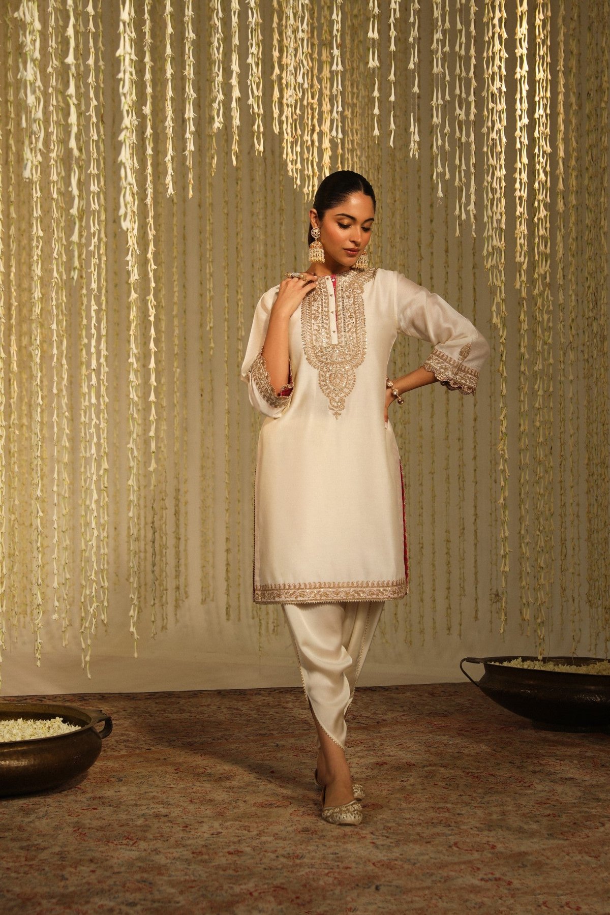 Daisy Ivory Embroidered Straight Kurta Set with Dhoti
