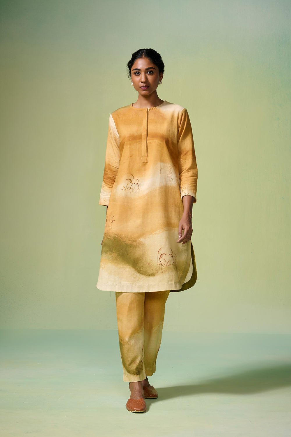 Beige Ochre Art Print Linen-Cotton Kurta Set