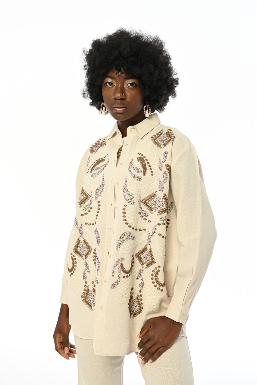 Cream Shirt All Over Brown Thread & Sequence Work