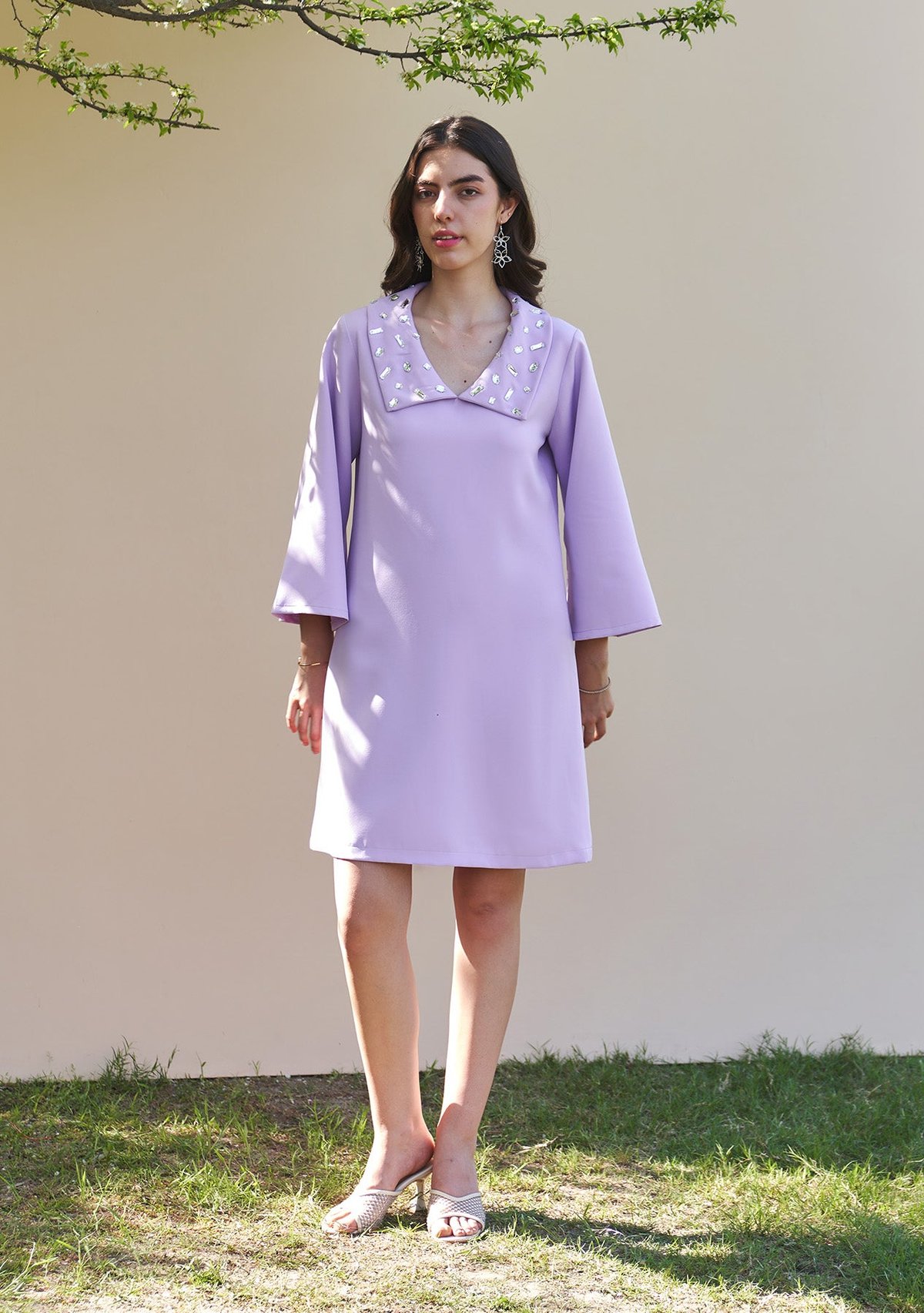 Lilac Crepe Shift Dress with Rhinestone Collar