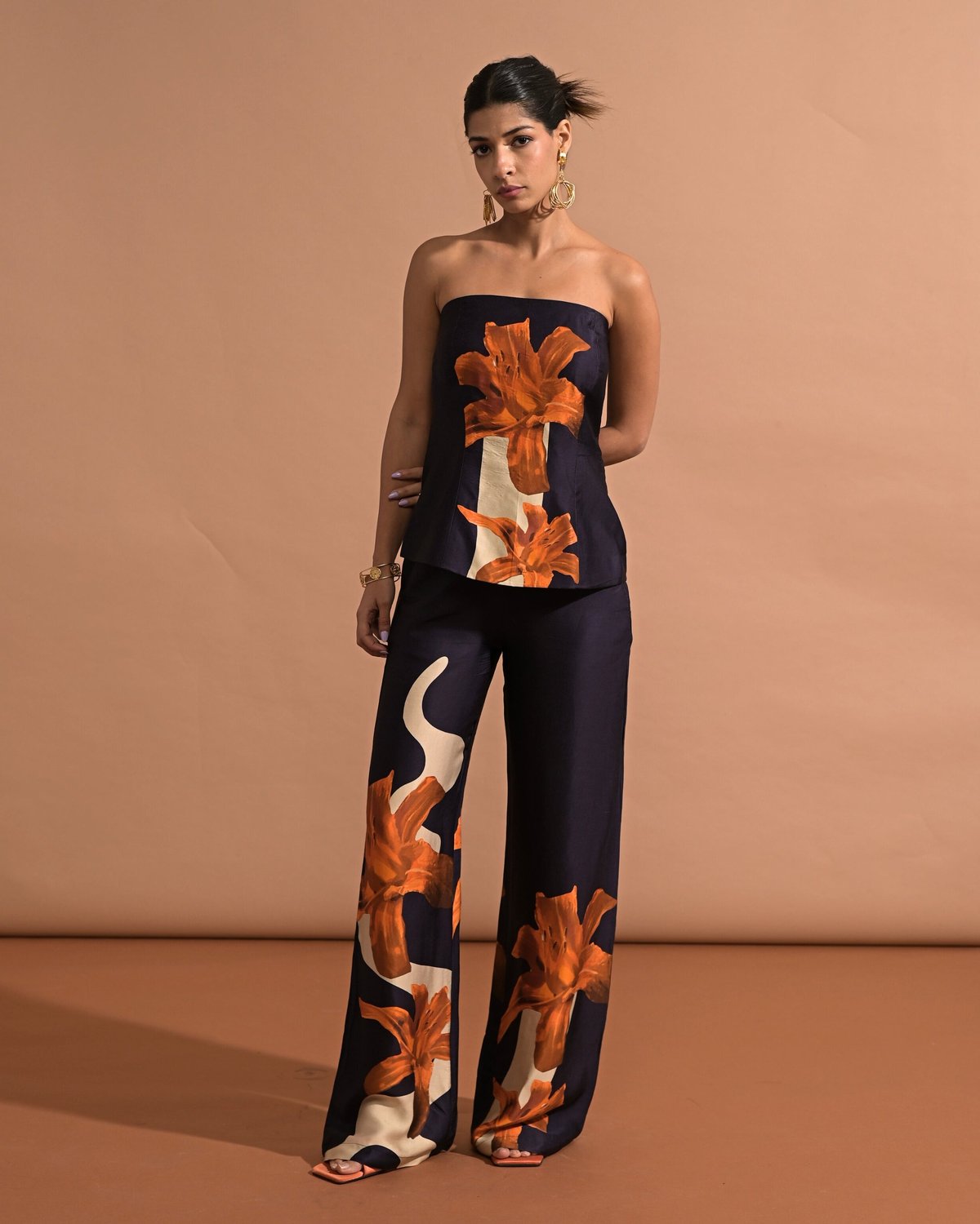 Navy High-Waist Wide-Leg Floral Printed Trousers