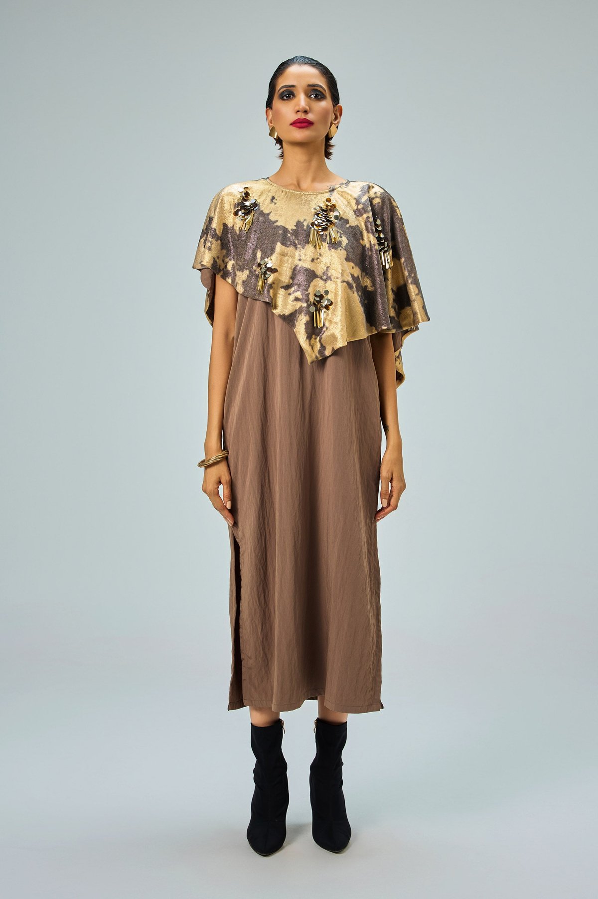 Gold Shimmer Cape and Brown Maxi Dress Co-ord Set
