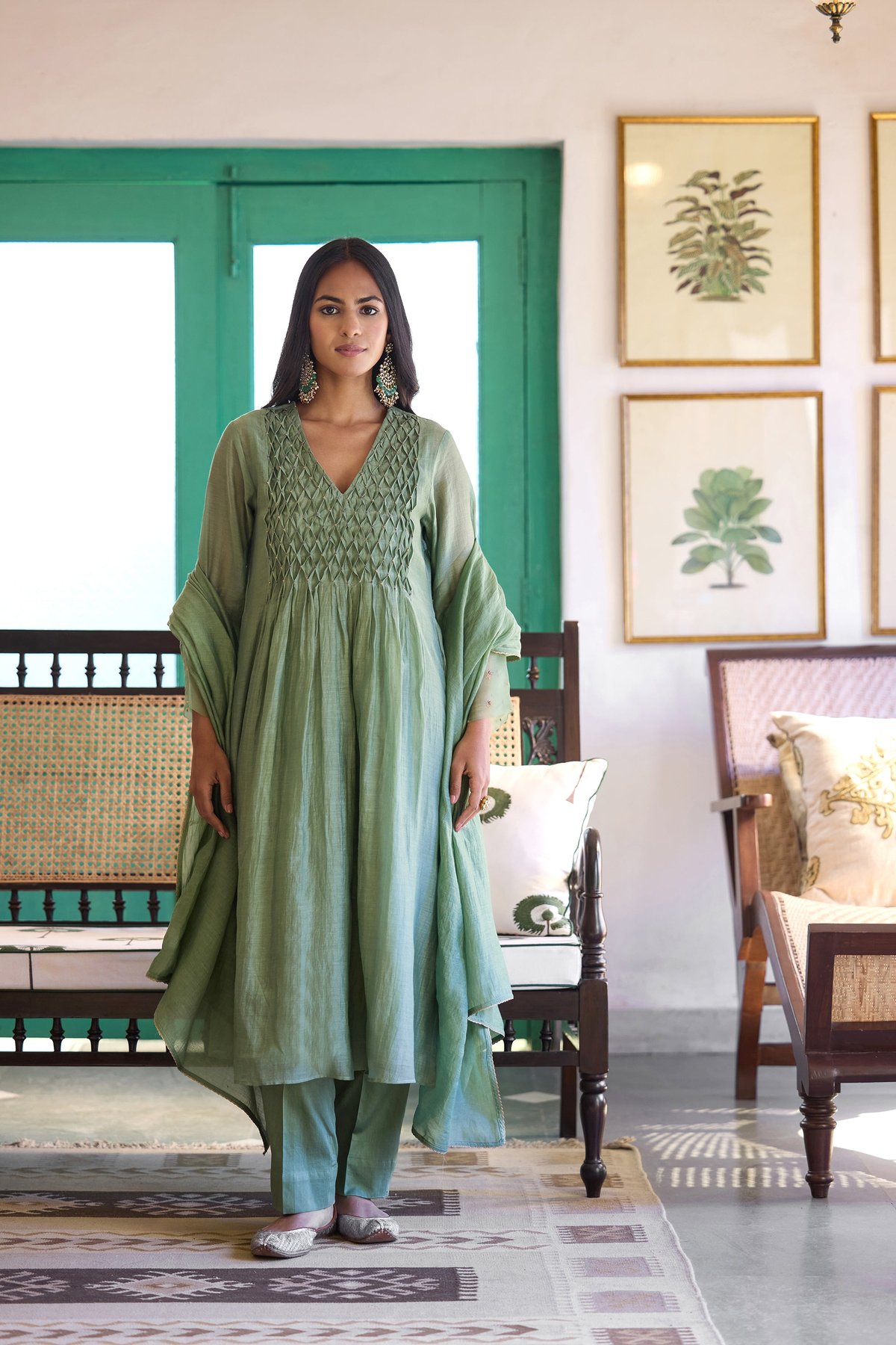 Sage Green Silk Chanderi Smocked Yoke Kurta Set