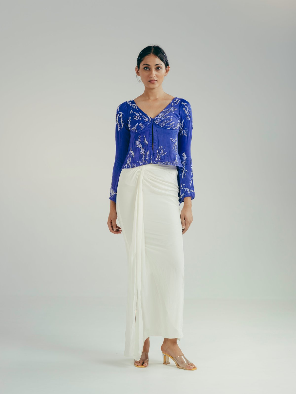 Blue Embellished Jacket Top and Draped Maxi Skirt Co-ord