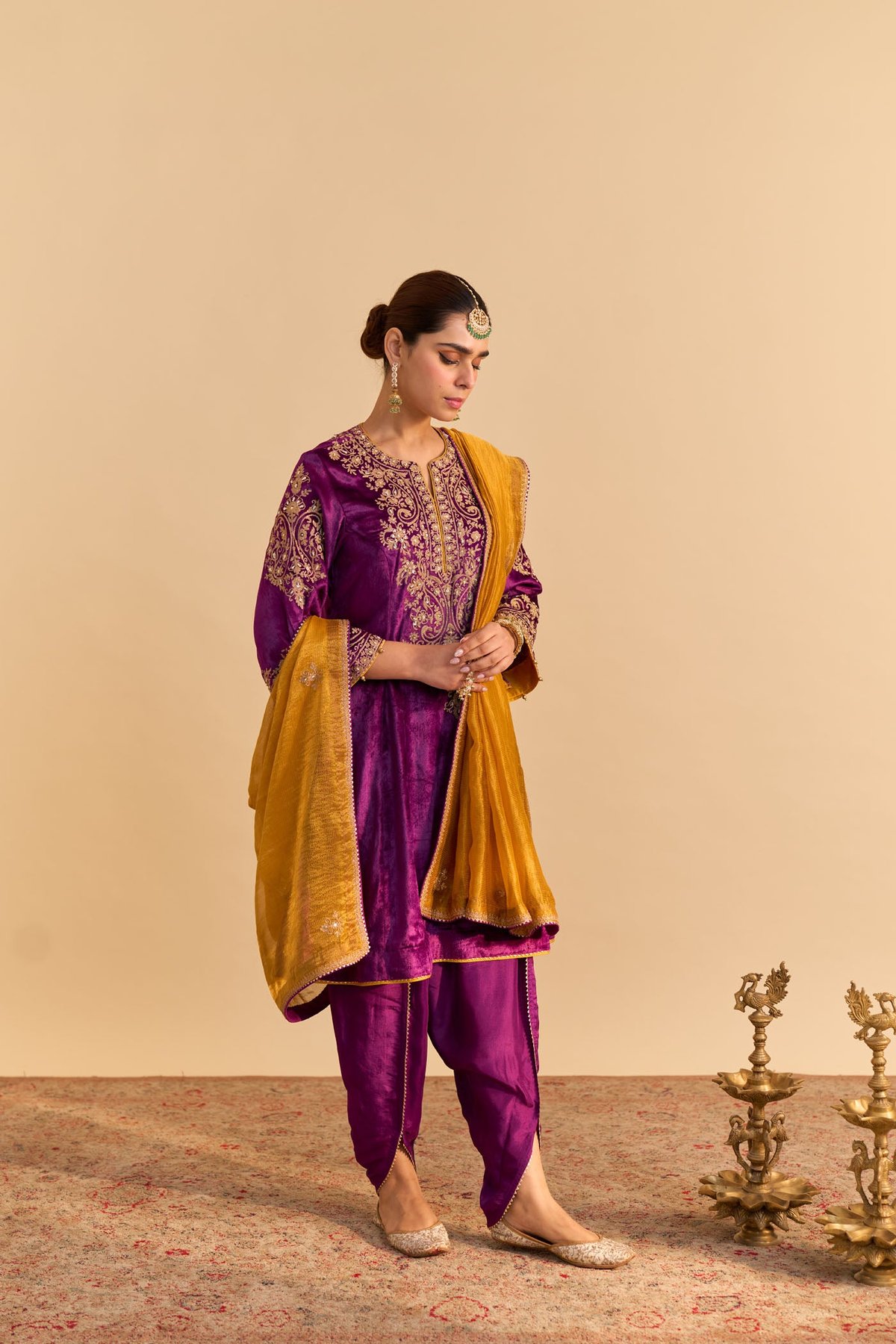 Deep Purple Velvet A-Line Kurta Set with Dhoti