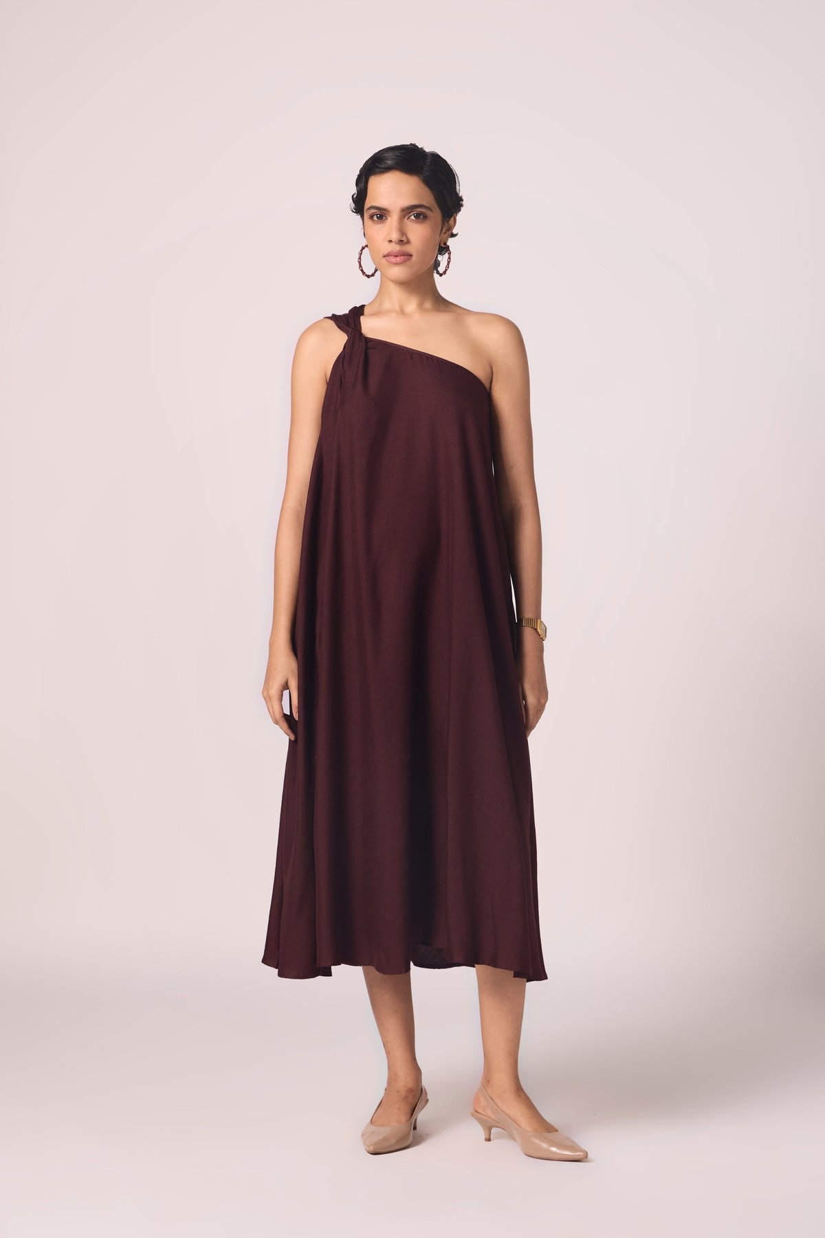 Wine One-Shoulder Silk Twill Midi Dress