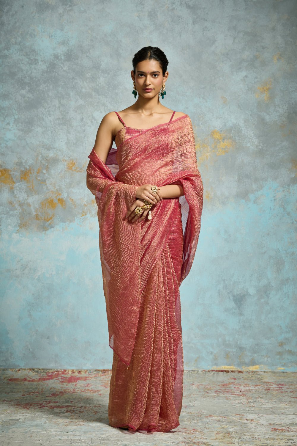 Deep Pink Gold Zari Crinkle Tissue Saree